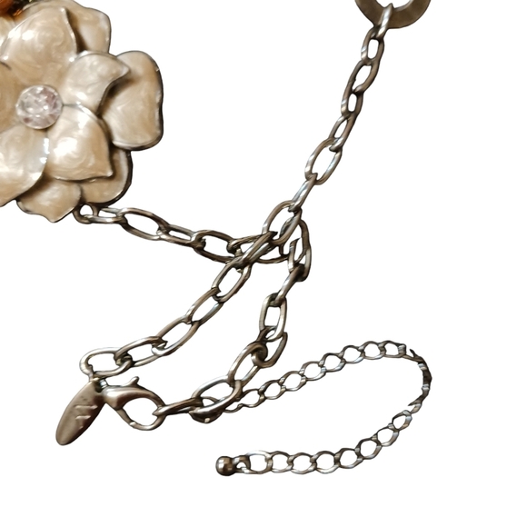 NY Signed Chunky Silver Toned Necklace Enamel Flowers Lightweight - Picture 3 of 11